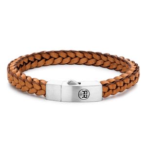 Rebel and Rose RR-L0083-S Armband Braided Square 925 Cognac leder/zilver 8 mm cognackleurig XL 23 cm