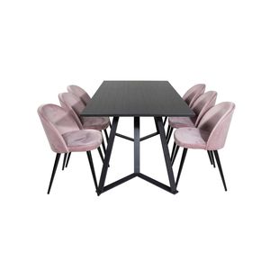 MarinaBLBL eethoek eetkamertafel zwart en 6 Velvet eetkamerstal velours roze, zwart.