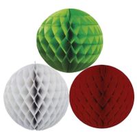 Kerstversiering set van 6x papieren kerstballen 10 cm groen zilvergrijs en bordeaux rood - thumbnail