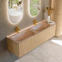 Badmeubel Mondiaz Kurve-Dlux | 165 cm | Meubelkleur Oak | Wastafelkleur Saba | Solid surface | Dubbel / Links spoelbak | 2 kraangaten Badmeubel Mondiaz Kurve-Dlux | 165 cm | Meubelkleur Oak | Wastafelkleur Saba | Solid surface | Dubbel / Links spoelbak | 2 kraangaten
