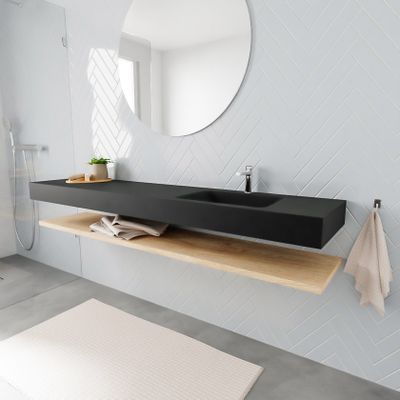 Mondiaz Alan badmeubel 200 cm planchet washed oak vrijhangend wastafel rechts 1 kraangat zwart