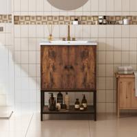 Badkamermeubel met Wastafel Opbergkast met Keramische Wastafel Vrijstaande Wastafelkast met Anti-Kantelset Rustiek Bruin Badkamermeubel met Wastafel Opbergkast met Keramische Wastafel Vrijstaande Wastafelkast met Anti-Kantelset Rustiek Bruin