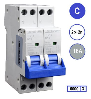 SEP kookgroep 2x230V Installatie automaat C16 2polig+n 6kA 36mm breed voor elektrische kookplaat