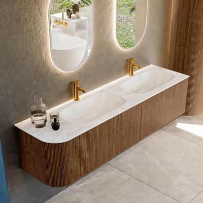 Mondiaz KURVE-DLUX 175 cm Onderkast Greeploos 2 Lades Met Deuren Walnut, Wastafel Solid Surface Rechts Ostra 2 Kraangaten Zonder Spiegel (KRVSTS175L2L1D2KD-Wal/Ost)