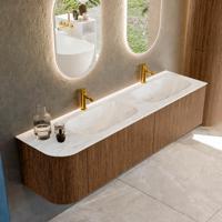 Mondiaz KURVE-DLUX 175 cm Onderkast Greeploos 2 Lades Met Deuren Walnut, Wastafel Solid Surface Rechts Ostra 2 Kraangaten Zonder Spiegel (KRVSTS175L2L1D2KD-Wal/Ost)