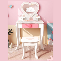 Make-Uptafel voor Kinderen 2-In-1 Kaptafel met Hartvormige Spiegel Kruk Lade en Accessoires Kinderkaptafel voor Kinderen 3+