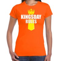 Koningsdag t-shirt Kingsday Rules met kroontje oranje voor dames - thumbnail