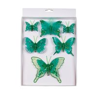 6x stuks decoratie vlinders op clip groen 5, 8 en 12 cm - Kersthangers - thumbnail