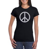 Zwart Flower Power t-shirt zilveren glitter peace teken dames 2XL  -