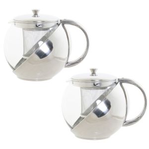 Set van 2x stuks theepotten van glas en RVS 1100 ml met filter/infuser en handvat