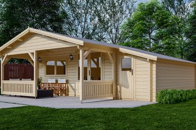 Blokhut 540x540 cm + luifel 200 cm + zijaanbouw 150 cm - geïmpregneerd- Zadeldak- Geïmpregneerd vurenhout- Interflex Blokhut 540x540 cm + luifel 200 cm + zijaanbouw 150 cm - geïmpregneerd- Zadeldak- Geïmpregneerd vurenhout- Interflex