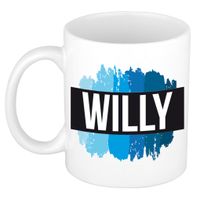 Naam cadeau mok / beker Willy met blauwe verfstrepen 300 ml