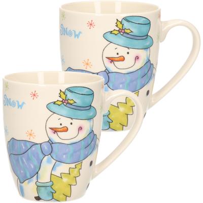 Kerst mok - 2x stuks - sneeuwpop - 8 x 10 cm - porselein - 300 ml - beker - koffiemok