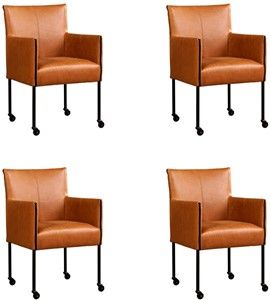 Set van 4 Cognac leren moderne kuipstoel More - poot rond zwart met wiel - Vintage Leer Cognac (cognac leer)