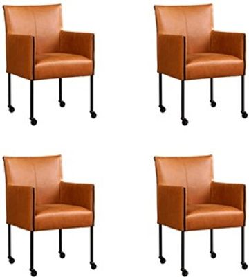 Set van 4 Cognac leren moderne kuipstoel More - poot rond zwart met wiel - Vintage Leer Cognac (cognac leer)