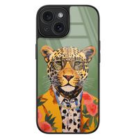 iPhone 15 glazen hardcase - Luipaard hipster