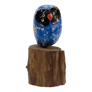 Houten Beeldje Uil op Stronk Blauw (17 x 10 cm)