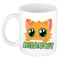 Cadeau koffie/thee mok - poes/kat - Miauw - groen - 300 ml - keramiek - katten mok