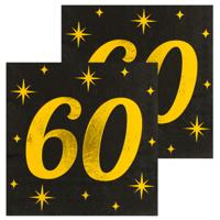 Verjaardag feest servetten - leeftijd 60 jaar - 32x stuks - zwart/goud - sterren - 33 x 33 cm