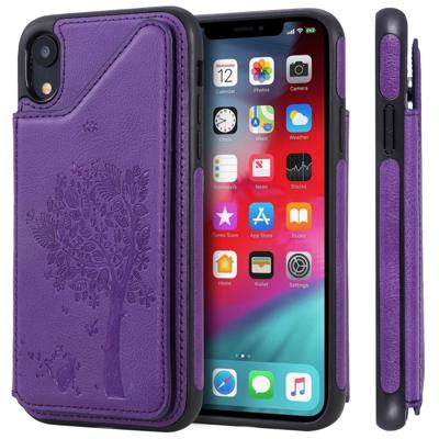 Voor iPhone XR kat boom reliëf patroon schokbestendige beschermende case met kaartsleuven & fotolijstjes (paars)