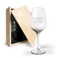 Wijnkist met wijnglazen - 3 vaks (gegraveerde glazen) - thumbnail
