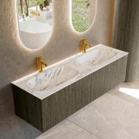 Badmeubel Mondiaz Kurve-Dlux | 150 cm cm | Meubelkleur Shadow | Wastafelkleur Glace | Solid surface | Wasbak beiden zijden spoelbak | 2 kraangaten