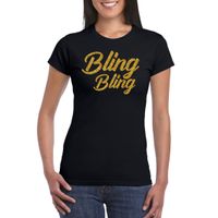Glitter en Glamour feest t-shirt dames - bling bling goud - zwart - feestkleding