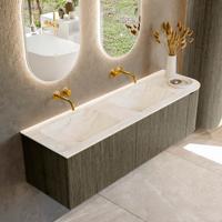 Badmeubel Mondiaz Kurve-Dlux | 155 cm cm | Meubelkleur Shadow | Wastafelkleur Ostra | Solid surface | Dubbel / Links spoelbak | Zonder kraangat(en)