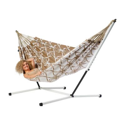 Familie hangmat met metalen standaard - 400x180cm - Bruin - 200kg draagkracht- 100% katoen - binnen & buiten