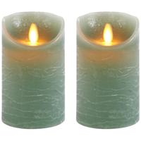 Led kaars/stompkaars - 2x - jade groen - H12,5 x D7,5 cm - wax - warm wit licht - bewegende vlam - thumbnail