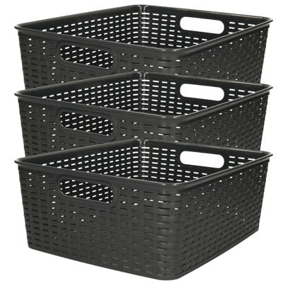 Opbergmand - 3x - Kastmand - rotan kunststof - zwart - 12 Liter - 30 x 37 x 13 cm