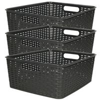 Opbergmand - 3x - Kastmand - rotan kunststof - zwart - 12 Liter - 30 x 37 x 13 cm