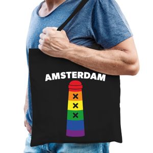 Gaypride Amsterdammertje regenboog katoenen tas zwart