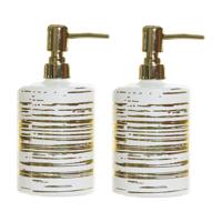 Items Zeeppompje/dispenser - 2x - glas - wit met gouden strepen - 450 ml - navulbaar - keuken/toilet