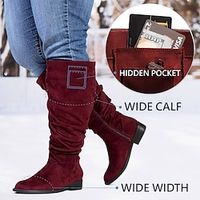 Dames Laarzen Brede kuitlaarzen Suède schoenen Slouchy laarzen Buiten Dagelijks Over de knie laarzen Winter Rits Platte hak Ronde Teen Casual Comfortabel minimalisme Suède Rits Effen Kleur Zwart Rood miniinthebox