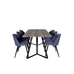 MarinaGRBL eethoek eetkamertafel el hout decor grijs en 6 Velvet eetkamerstal blauw.