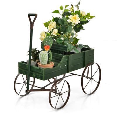 Houten Bolderkar Bloem/Plantenbak Decoratieve Pot Standaard met Wielen en 2 Planten Secties Buiten Tonnetje Planter Groen