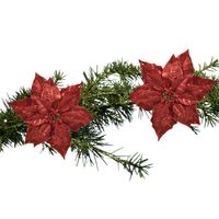 2x stuks kerstboom decoratie bloemen rood glitter op clip 23 cm - Kersthangers - thumbnail