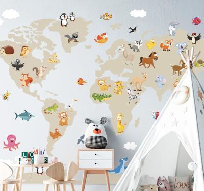 Muurstickers wereldkaart kinderkamer dieren cartoon stijl