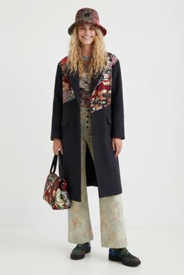 Loose fit stoffen jas met bloemenpatch - BLACK - L