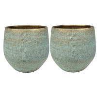 2x stuks plantenpotten/bloempotten in een strakke Modern design look shiny blauw Dia 26 cm en Hoogte