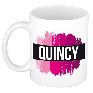 Quincy  naam / voornaam kado beker / mok roze verfstrepen - Gepersonaliseerde mok met naam   -