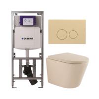 QeramiQ Dely Toiletset - 36.3x51.7cm - diepspoel - rimless - Geberit UP320 inbouwreservoir - softclose toilet zitting 35 mm - bedieningsplaat beige - ronde knoppen - mat beige SW1000764/SW1000771/0701131/SW1102365