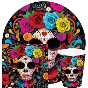 Day of the dead feest servies set - borden/bekers/servetten - 36x - gekleurd - papier