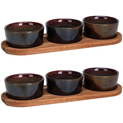 Serveerplank/borrelplank hapjes/saus/tapas - 2x - keramiek - bruin - incl. schaaltjes