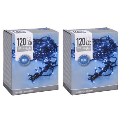 Kerstverlichting lichtsnoeren - 2x - 120 LED lampjes blauw - 9 m - voor binnen en buiten