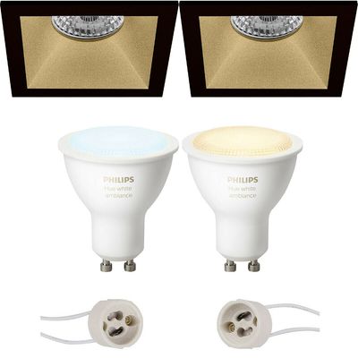 Pragmi Pollon Pro - Inbouw Vierkant - Mat Zwart/Goud - Verdiept - 82mm - Philips Hue - LED Spot Set GU10 - White Ambiance - Bluetooth
