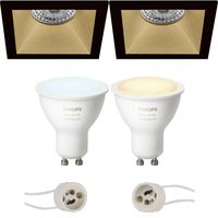 Pragmi Pollon Pro - Inbouw Vierkant - Mat Zwart/Goud - Verdiept - 82mm - Philips Hue - LED Spot Set GU10 - White Ambiance - Bluetooth