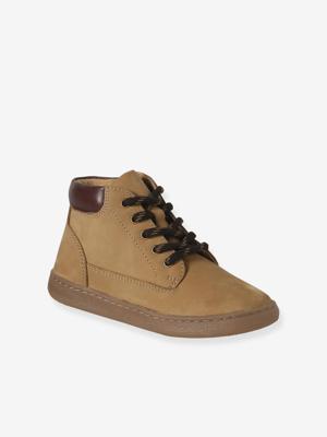Boots voor jongens uit de kleutercollectie van leer met rits en elastische veters beige