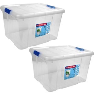 2x Opbergboxen/opbergdozen met deksel 25 liter kunststof transparant/blauw